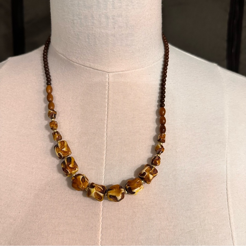 Vintage Women's Necklace Large Beads Art Beaded Wood Ceramics Brown Retro Boho